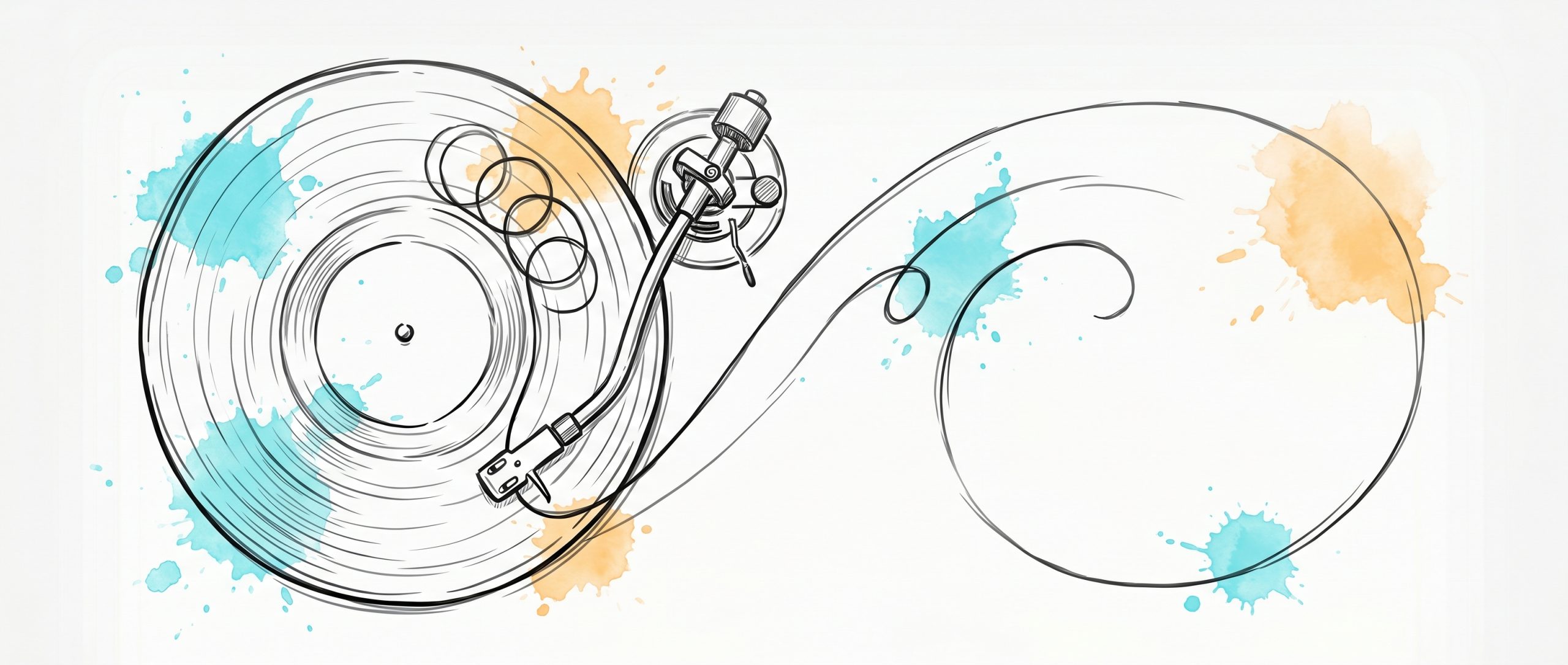 Hand-drawn ink illustration of a record player whose needle is stuck skipping over the same looping groove, then the groove opening out into one smooth new spiral track sweeping onward — symbolising a repeating relationship pattern released into a new path, with cyan and apricot watercolour splashes