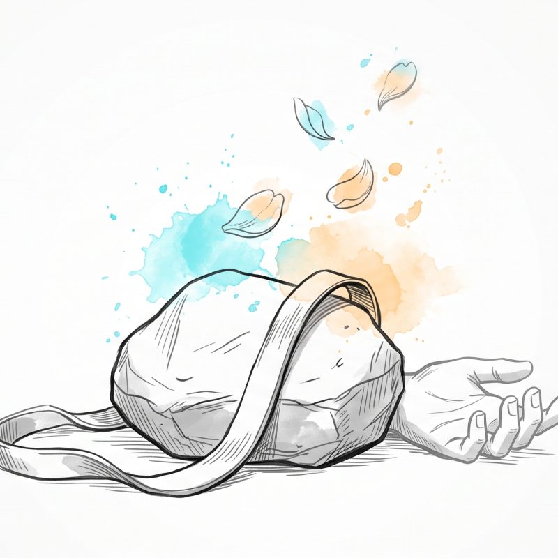 Hand-drawn editorial illustration of a heavy stone burden set down on the ground with its carrying strap loosened, an open hand beside it, and light cyan and apricot petals lifting away — symbolising setting down self-blame and forgiving yourself