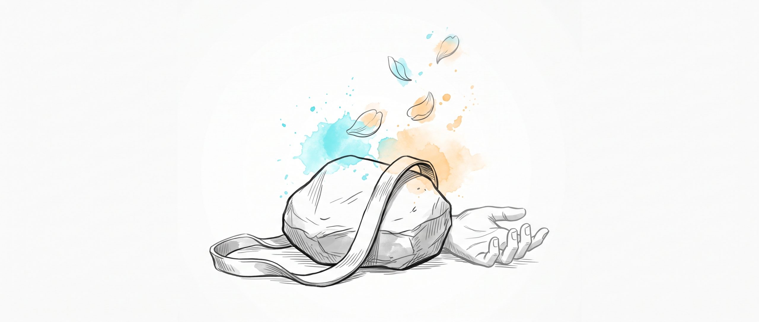 Hand-drawn editorial illustration of a heavy stone burden set down on the ground with its carrying strap loosened, an open hand beside it, and light cyan and apricot petals lifting away — symbolising setting down self-blame and forgiving yourself