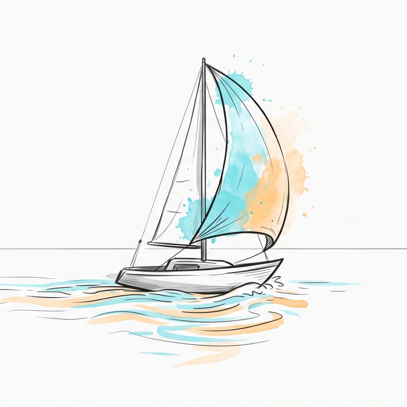Hand-drawn ink illustration of a becalmed sailboat catching a first breath of wind, its sail filling with cyan and apricot watercolour and ripples spreading across the still water — stillness giving way to movement again