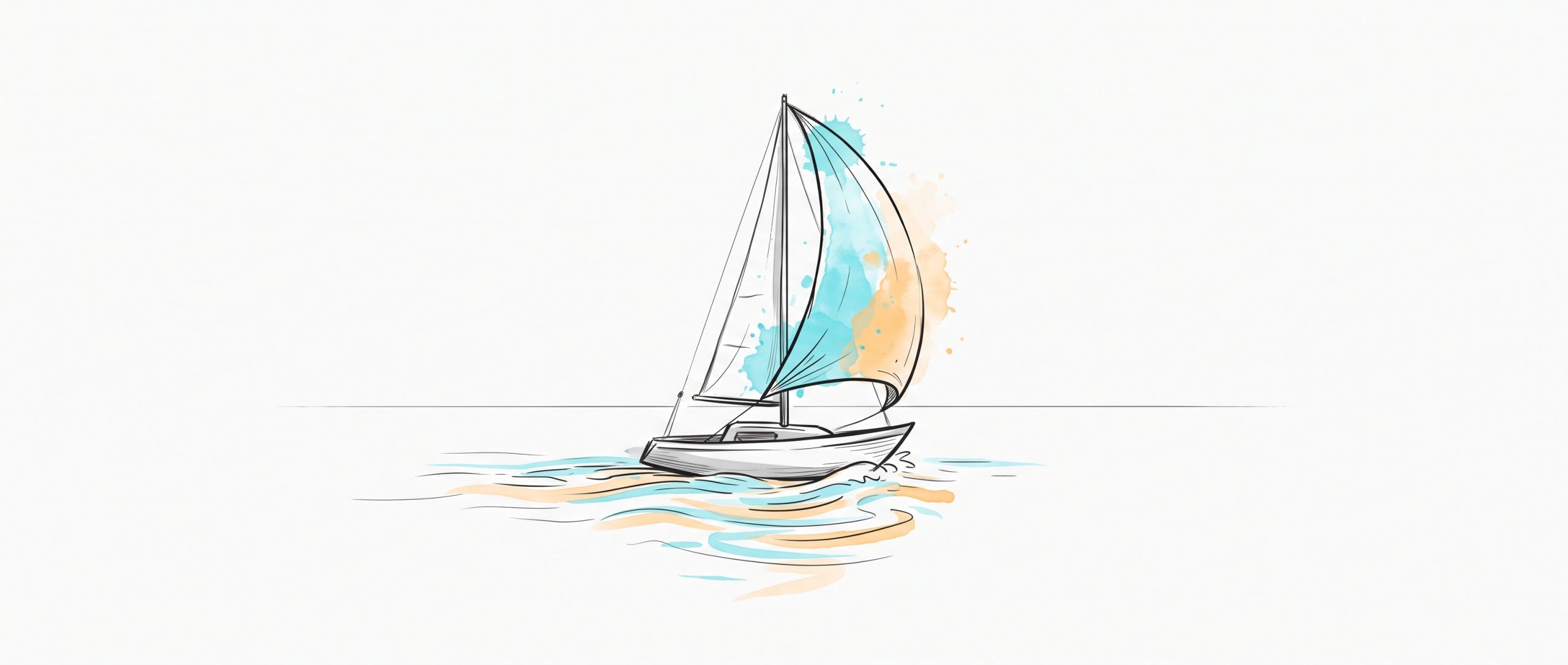 Hand-drawn ink illustration of a becalmed sailboat catching a first breath of wind, its sail filling with cyan and apricot watercolour and ripples spreading across the still water — stillness giving way to movement again