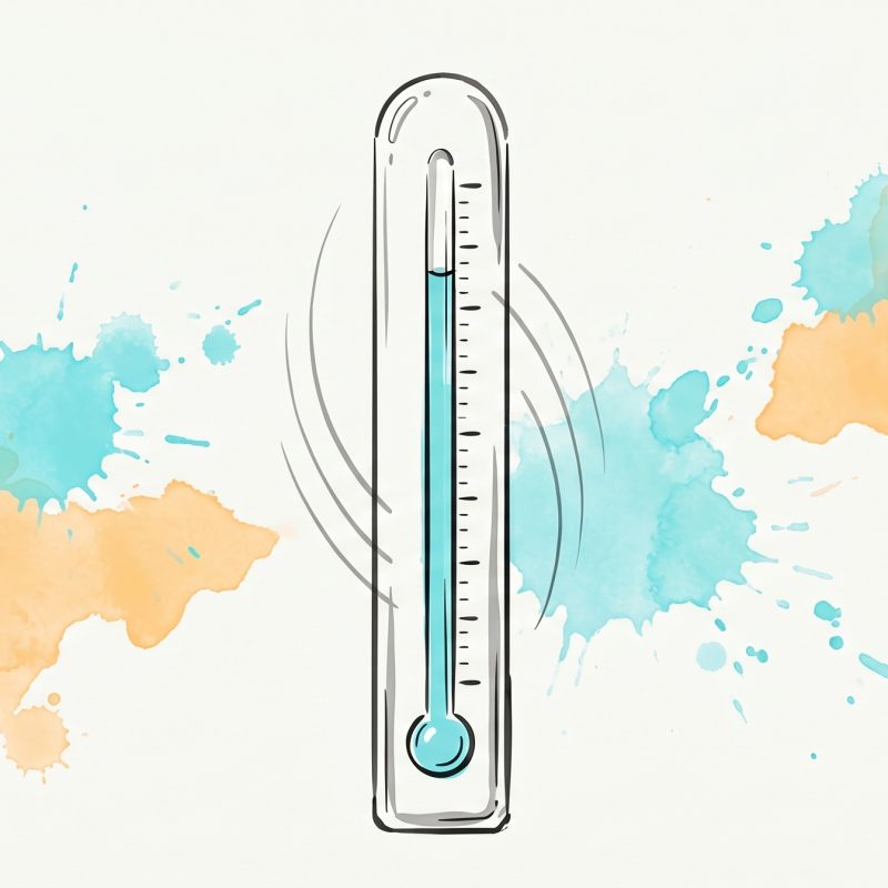 Hand-drawn ink illustration of a thermometer with its cyan column easing downward, with soft motion arcs and cyan and apricot watercolour splashes, symbolising turning the heat down on anger