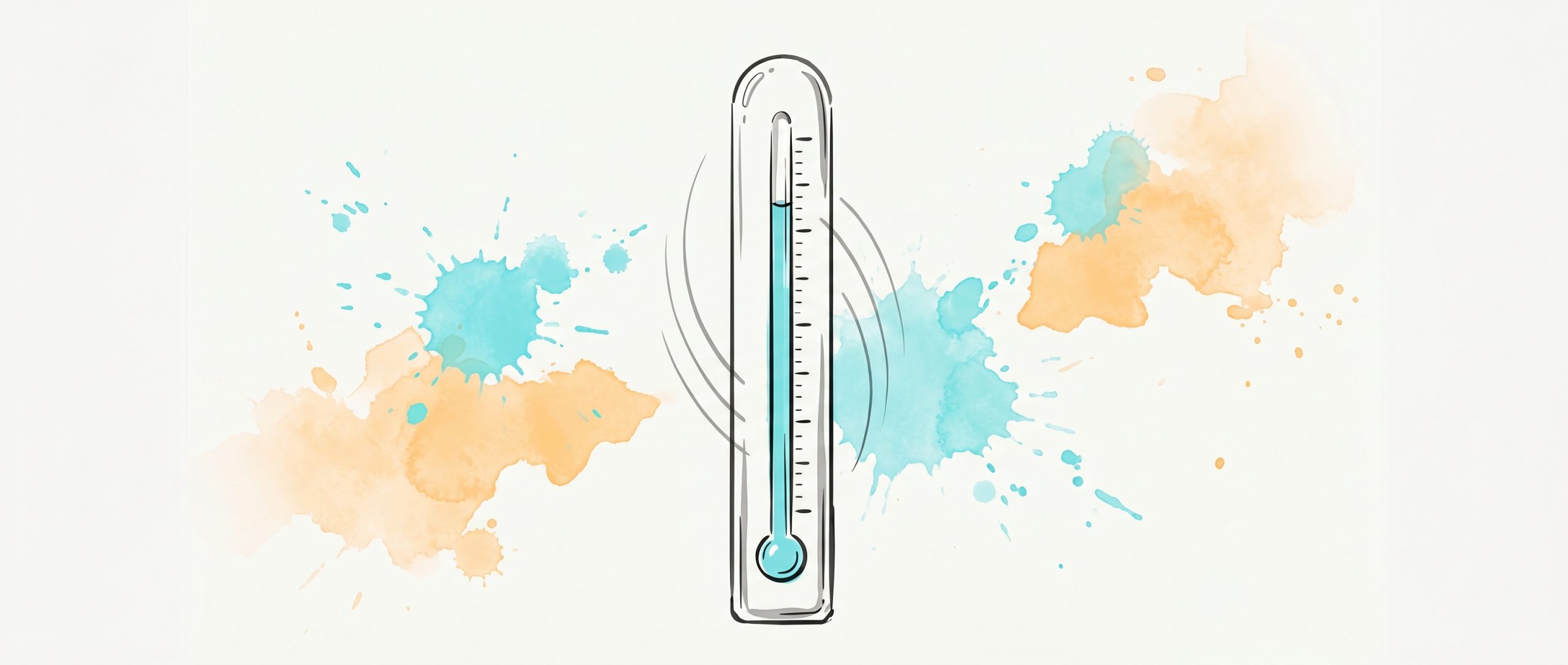 Hand-drawn ink illustration of a thermometer with its cyan column easing downward, with soft motion arcs and cyan and apricot watercolour splashes, symbolising turning the heat down on anger