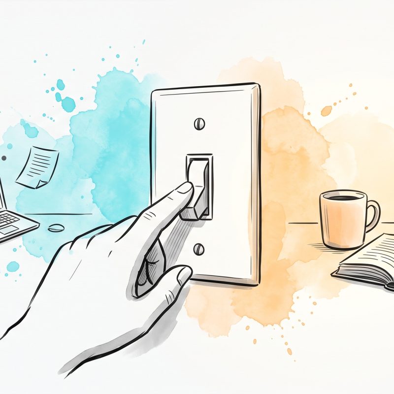 Hand-drawn ink illustration of a hand clicking off a wall light switch, dividing a busy cyan work scene from a calm apricot home scene — switching off at the end of the remote workday
