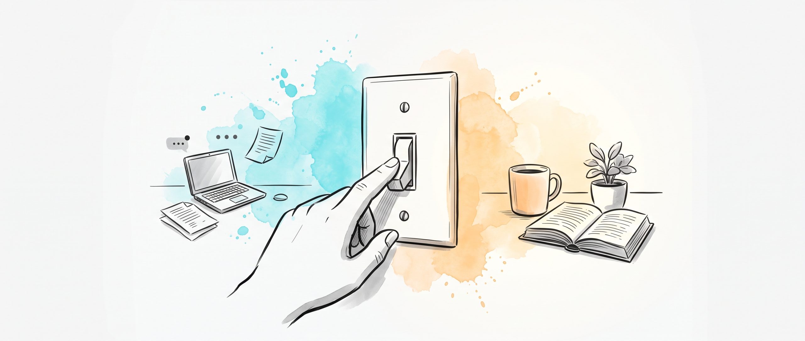 Hand-drawn ink illustration of a hand clicking off a wall light switch, dividing a busy cyan work scene from a calm apricot home scene — switching off at the end of the remote workday