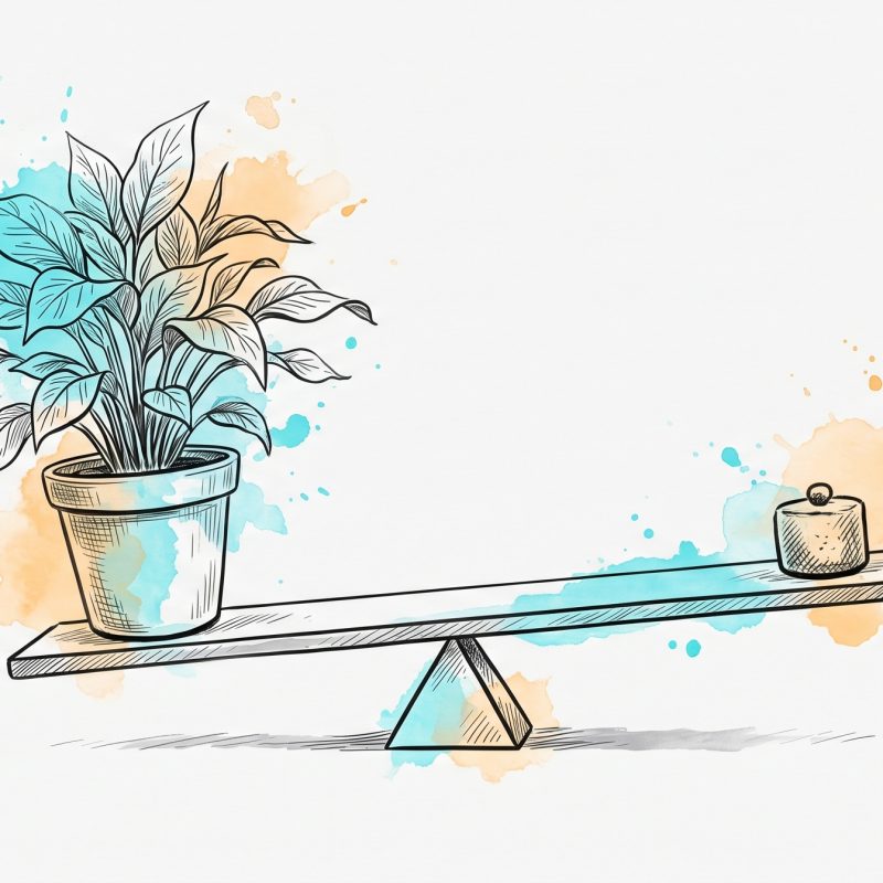 Hand-drawn editorial illustration: a thriving potted plant balanced on a level see-saw lever held steady by a small counterweight, in soft cyan and apricot watercolour — keeping workload in balance to prevent burnout