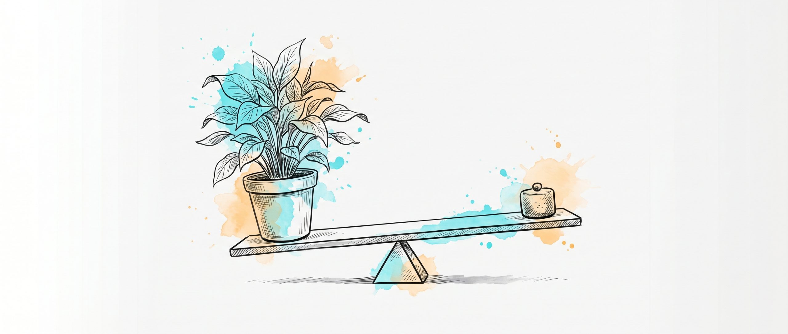 Hand-drawn editorial illustration: a thriving potted plant balanced on a level see-saw lever held steady by a small counterweight, in soft cyan and apricot watercolour — keeping workload in balance to prevent burnout