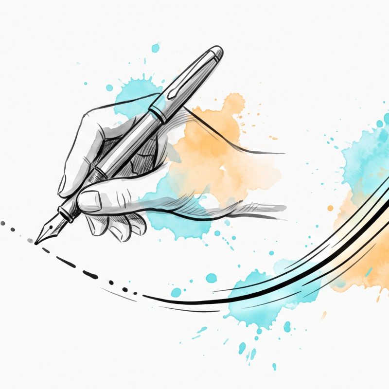 Hand-drawn ink illustration of a fountain pen tracing a faint dotted path into one strong continuous line, with cyan and apricot watercolour splashes — practice strengthening a neural pathway