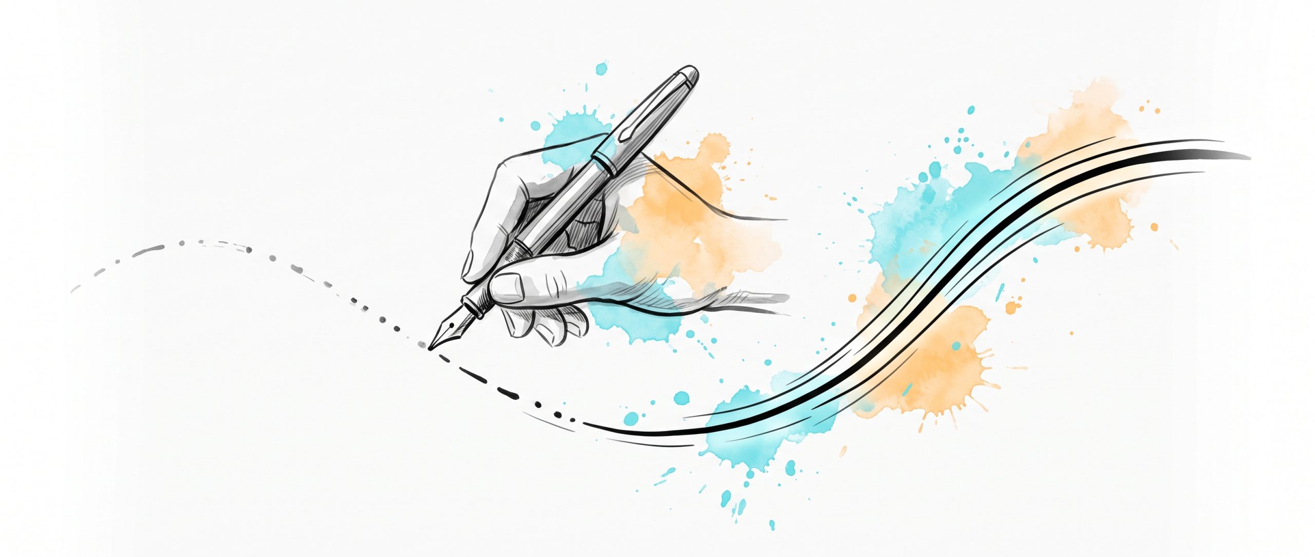 Hand-drawn ink illustration of a fountain pen tracing a faint dotted path into one strong continuous line, with cyan and apricot watercolour splashes — practice strengthening a neural pathway