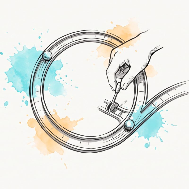 Ink illustration of a hand setting a track switch that diverts a ball off a closed loop onto a new path, symbolising breaking a habit loop