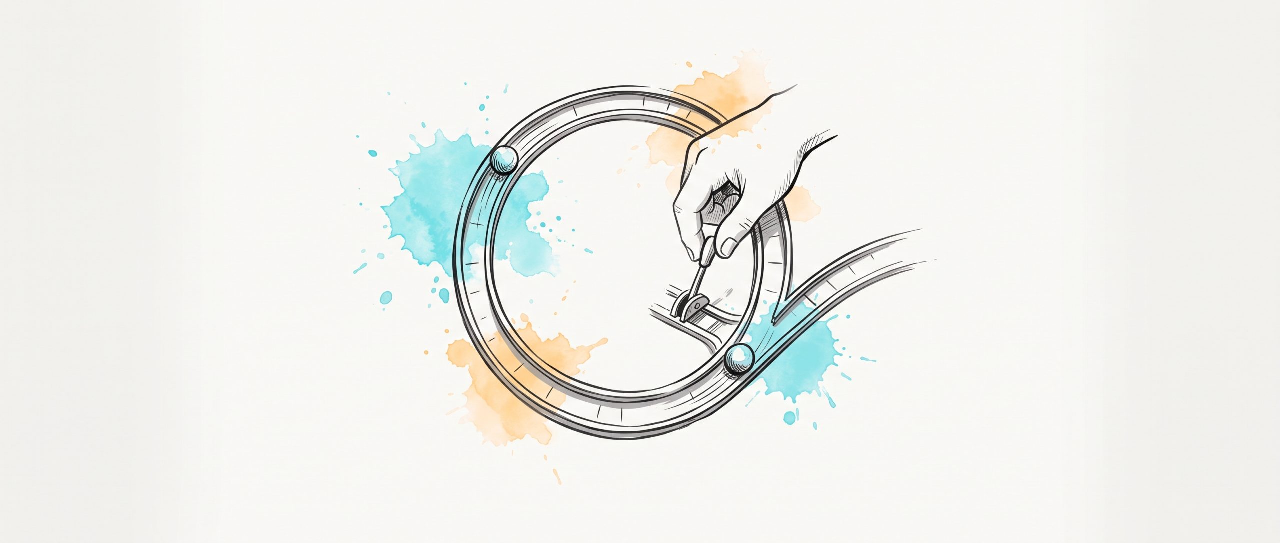 Ink illustration of a hand setting a track switch that diverts a ball off a closed loop onto a new path, symbolising breaking a habit loop