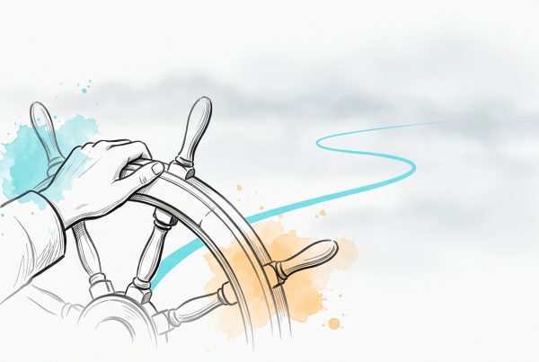 Hand-drawn editorial illustration of a hand steadily steering a ship's wheel into soft fog, a calm cyan course-line tracing a clear path forward through the haze — leading with confidence through uncertainty.