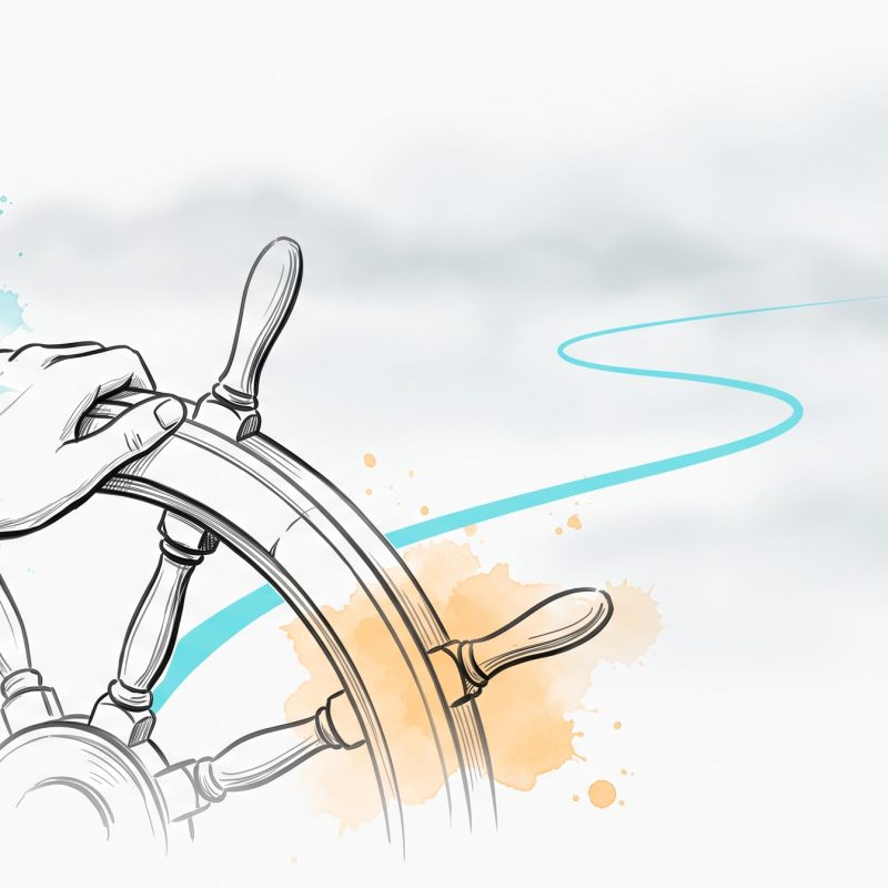 Hand-drawn editorial illustration of a hand steadily steering a ship's wheel into soft fog, a calm cyan course-line tracing a clear path forward through the haze — leading with confidence through uncertainty.