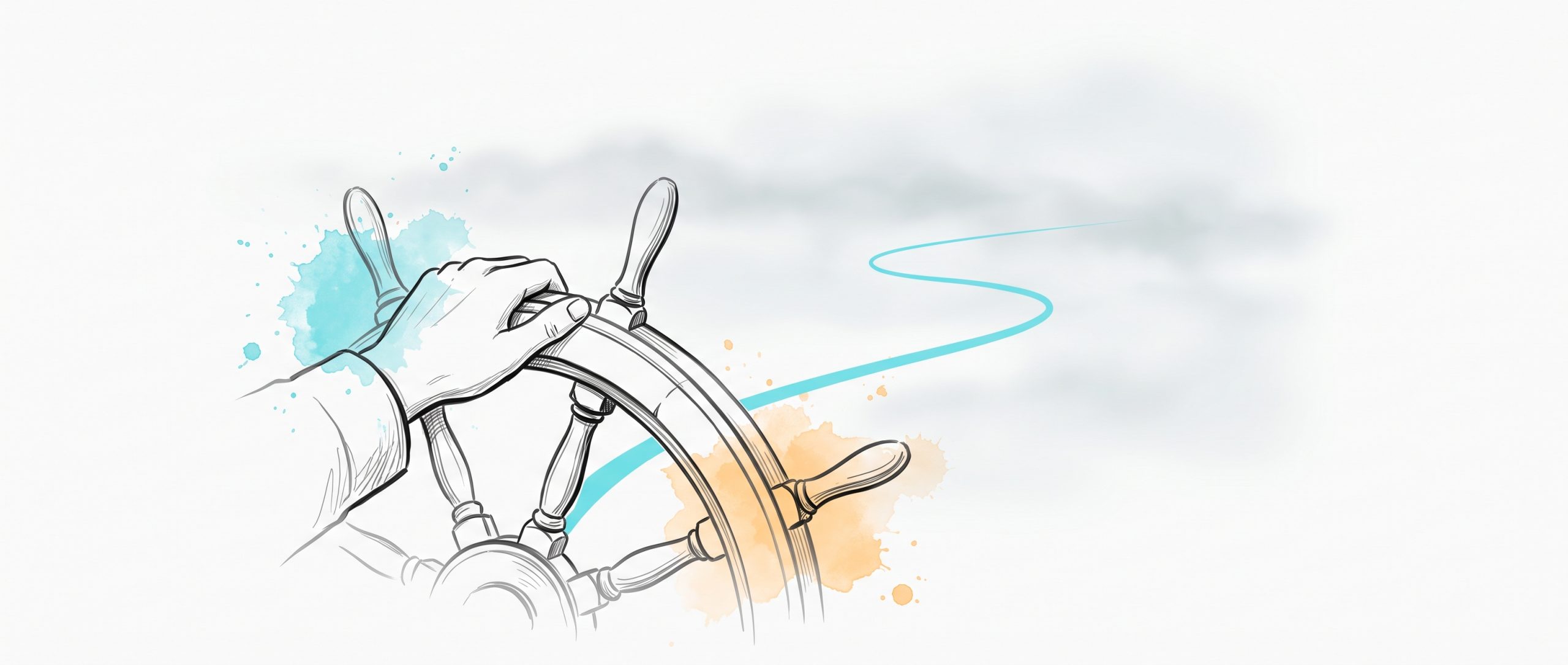 Hand-drawn editorial illustration of a hand steadily steering a ship's wheel into soft fog, a calm cyan course-line tracing a clear path forward through the haze — leading with confidence through uncertainty.