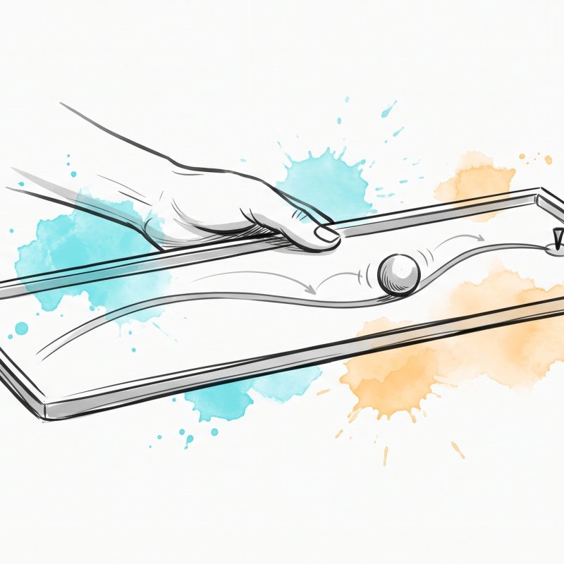 Ink illustration of a hand tilting a board to keep a ball rolling along a guide line toward a marker, with motion arrows showing real-time course correction