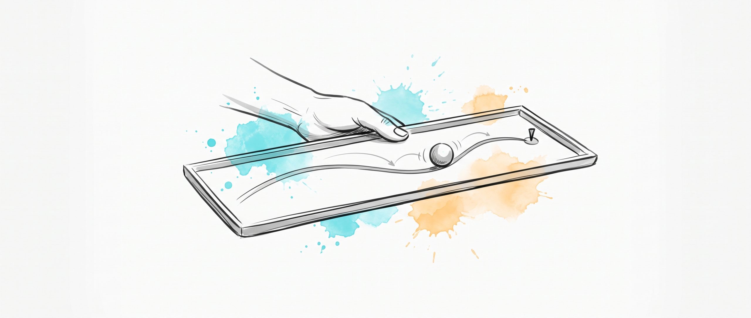 Ink illustration of a hand tilting a board to keep a ball rolling along a guide line toward a marker, with motion arrows showing real-time course correction