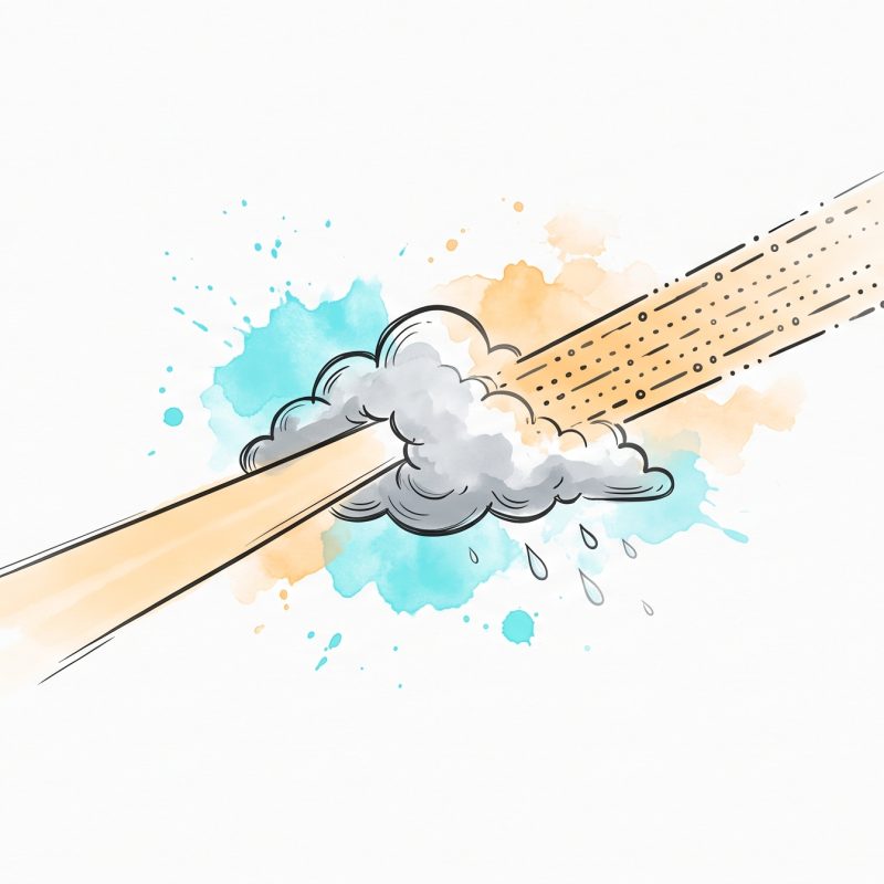 Hand-drawn ink illustration of a small grey cloud being cleared by two beams of warm light from two directions, one a solid ray and one made of dots, with cyan and apricot watercolour splashes