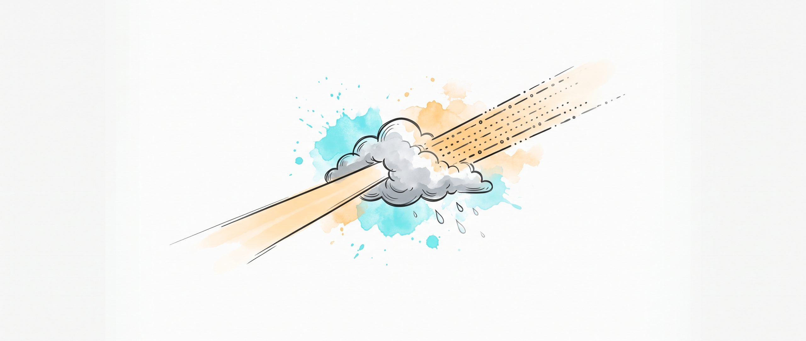 Hand-drawn ink illustration of a small grey cloud being cleared by two beams of warm light from two directions, one a solid ray and one made of dots, with cyan and apricot watercolour splashes