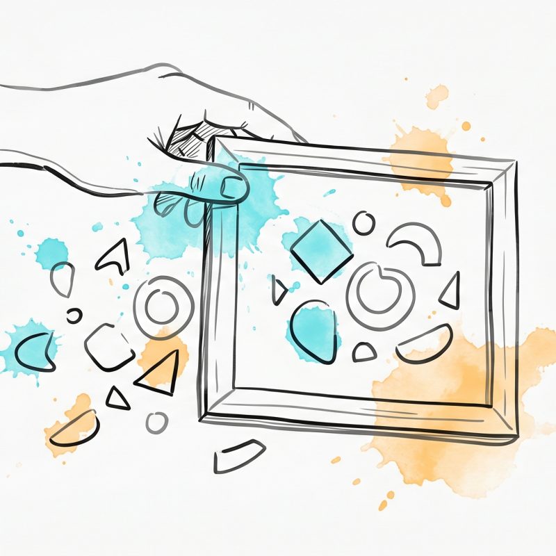 Hand-drawn illustration of a hand sliding an empty picture frame across scattered abstract shapes so the same shapes settle into a calm, balanced arrangement inside the frame — a visual metaphor for cognitive reframing.