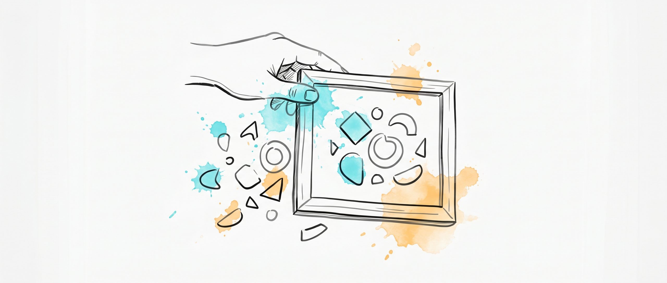 Hand-drawn illustration of a hand sliding an empty picture frame across scattered abstract shapes so the same shapes settle into a calm, balanced arrangement inside the frame — a visual metaphor for cognitive reframing.
