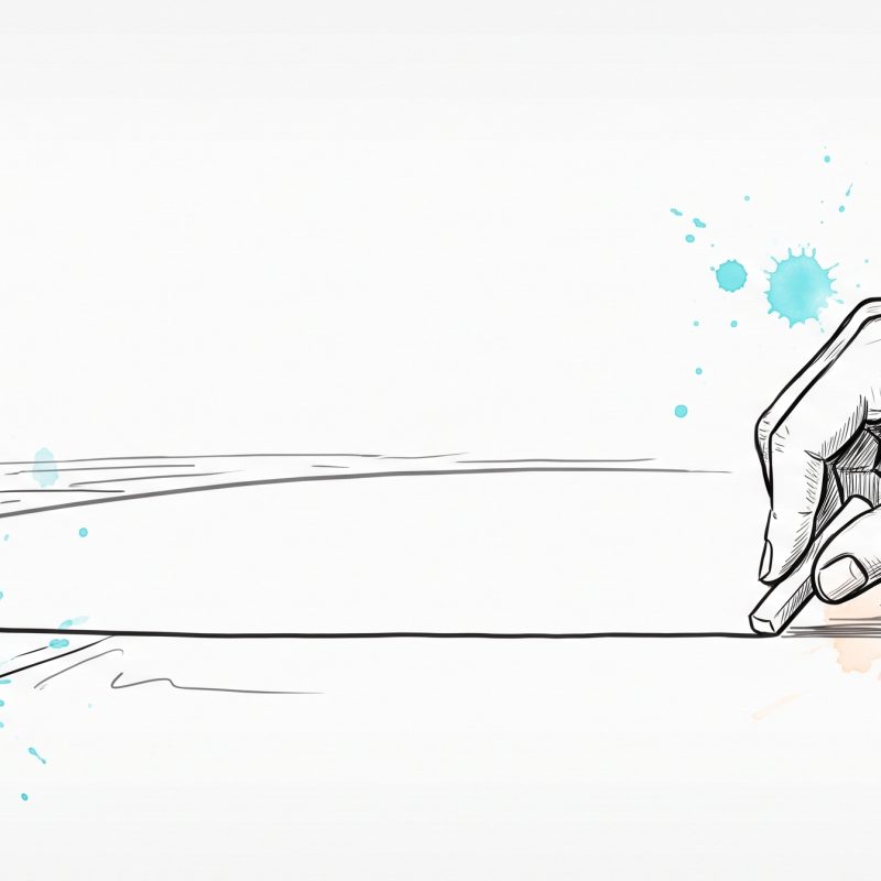 Hand-drawn ink illustration of a hand drawing a single clean line on the ground to enclose a calm protected space, symbolising setting a personal boundary