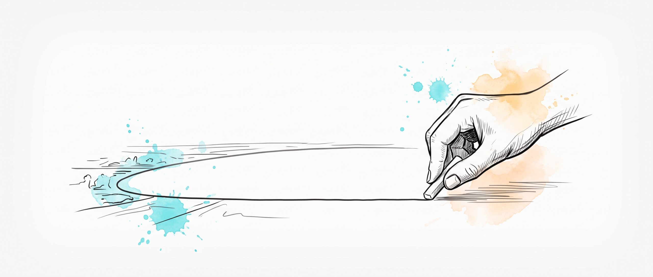 Hand-drawn ink illustration of a hand drawing a single clean line on the ground to enclose a calm protected space, symbolising setting a personal boundary