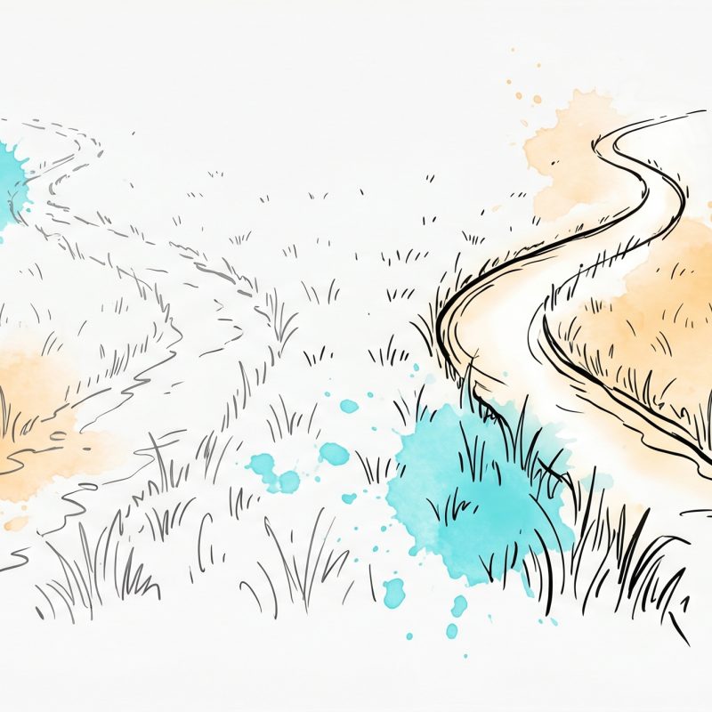 Hand-drawn ink illustration of two diverging foot-worn trails across a meadow: a faint fading old path and a clear well-worn new one, with cyan and apricot watercolour splashes — a metaphor for a new neural pathway strengthening through repetition while an old one fades