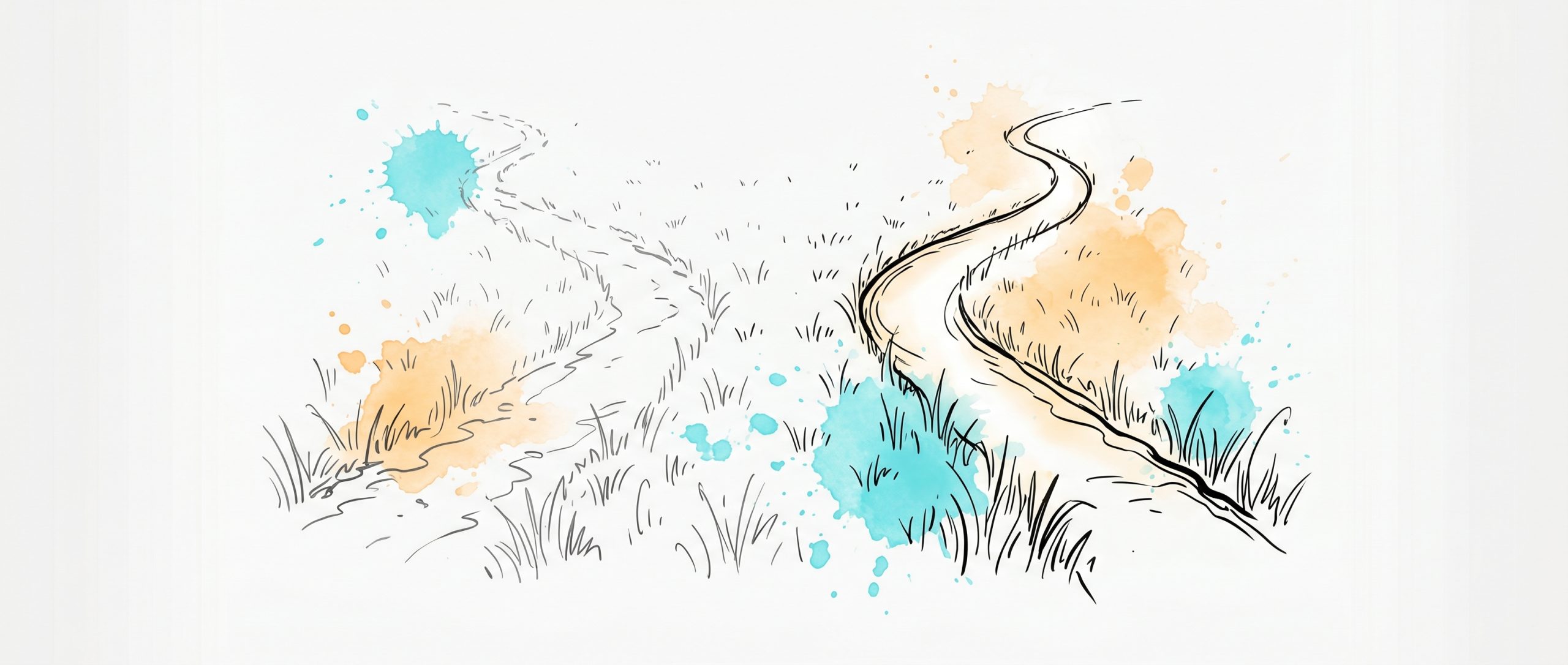 Hand-drawn ink illustration of two diverging foot-worn trails across a meadow: a faint fading old path and a clear well-worn new one, with cyan and apricot watercolour splashes — a metaphor for a new neural pathway strengthening through repetition while an old one fades