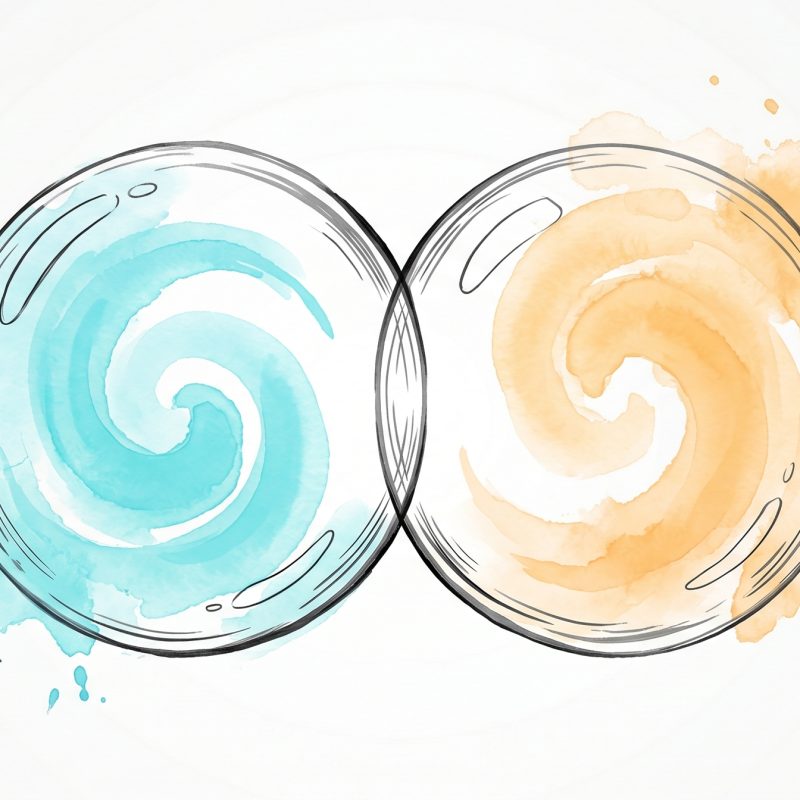 Two translucent bubble spheres resting side by side and lightly touching, one filled with a soft cyan swirl and the other a soft apricot swirl, each keeping its own shape without merging — a symbol of emotional boundaries: staying close to others while remaining yourself