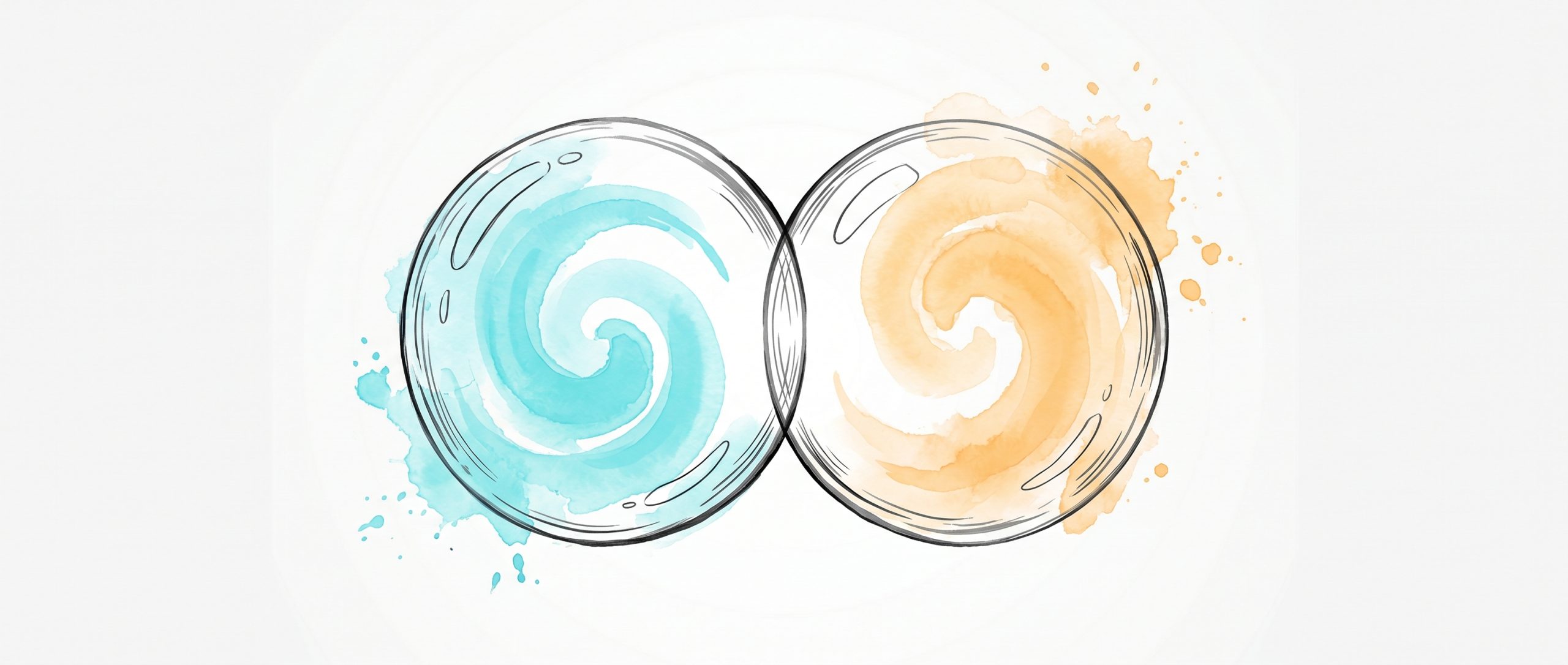 Two translucent bubble spheres resting side by side and lightly touching, one filled with a soft cyan swirl and the other a soft apricot swirl, each keeping its own shape without merging — a symbol of emotional boundaries: staying close to others while remaining yourself