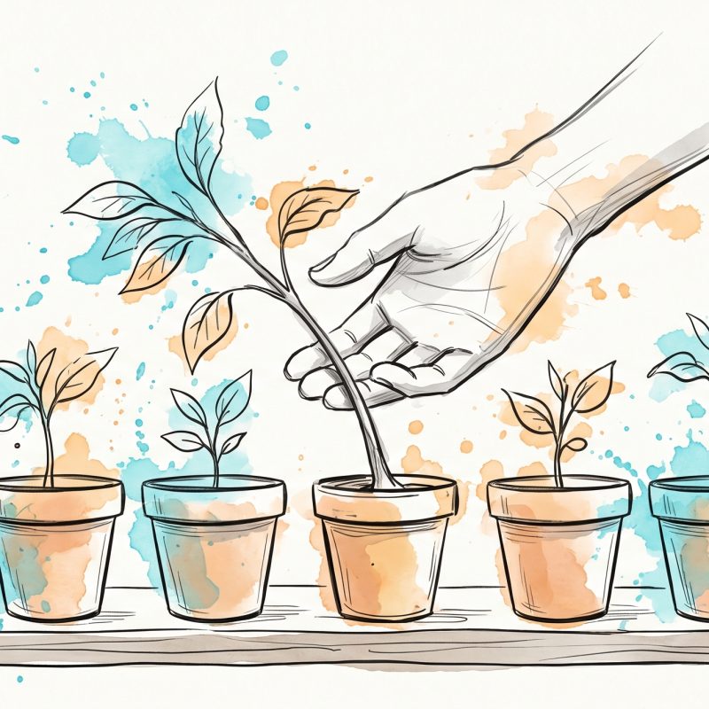Hand-drawn ink illustration: a row of young potted saplings, one leaning under strain in the middle being gently steadied upright by a hand, with soft cyan and apricot watercolour splashes — supporting an employee under pressure early