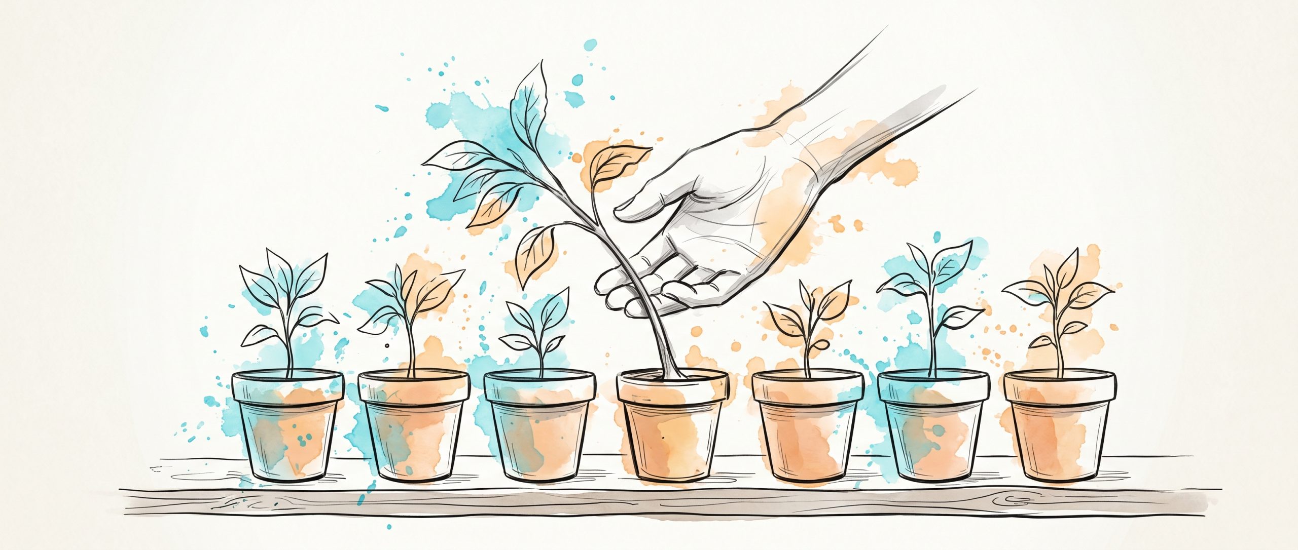 Hand-drawn ink illustration: a row of young potted saplings, one leaning under strain in the middle being gently steadied upright by a hand, with soft cyan and apricot watercolour splashes — supporting an employee under pressure early