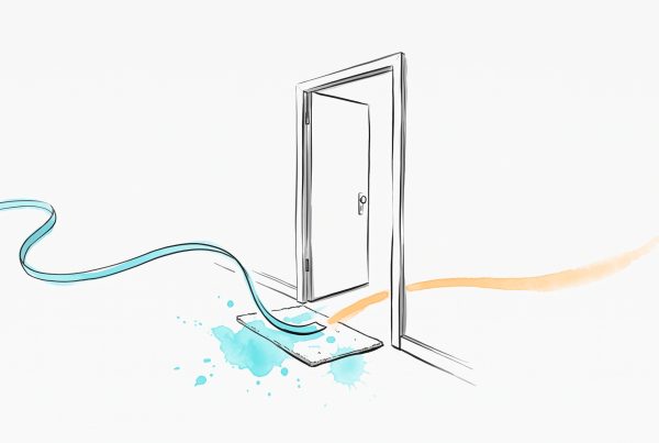Hand-drawn editorial illustration: a cyan ribbon of work emotion trailing in from the left and being set down on a doormat at an open doorway, so only a calm apricot line continues into the home side — leaving the day's residue at the threshold.