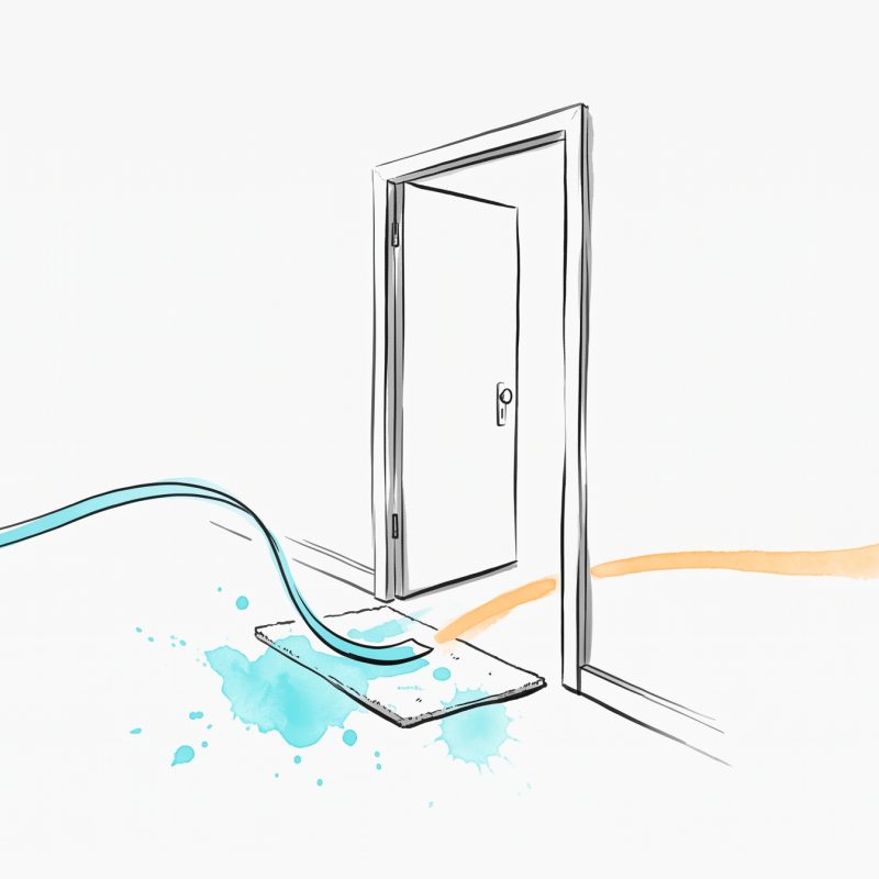 Hand-drawn editorial illustration: a cyan ribbon of work emotion trailing in from the left and being set down on a doormat at an open doorway, so only a calm apricot line continues into the home side — leaving the day's residue at the threshold.