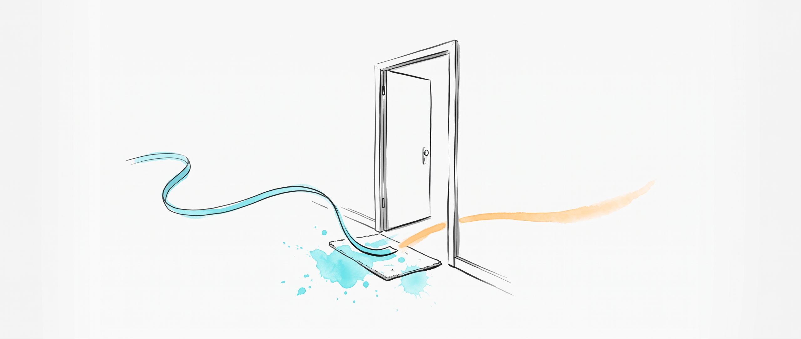 Hand-drawn editorial illustration: a cyan ribbon of work emotion trailing in from the left and being set down on a doormat at an open doorway, so only a calm apricot line continues into the home side — leaving the day's residue at the threshold.