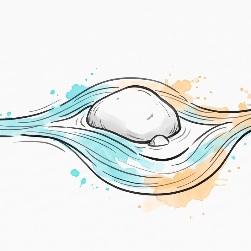Hand-drawn ink illustration of a flowing stream meeting a rock and gracefully splitting to re-route around it before rejoining, with cyan and apricot watercolour splashes — a visual metaphor for adaptive thinking and cognitive flexibility.