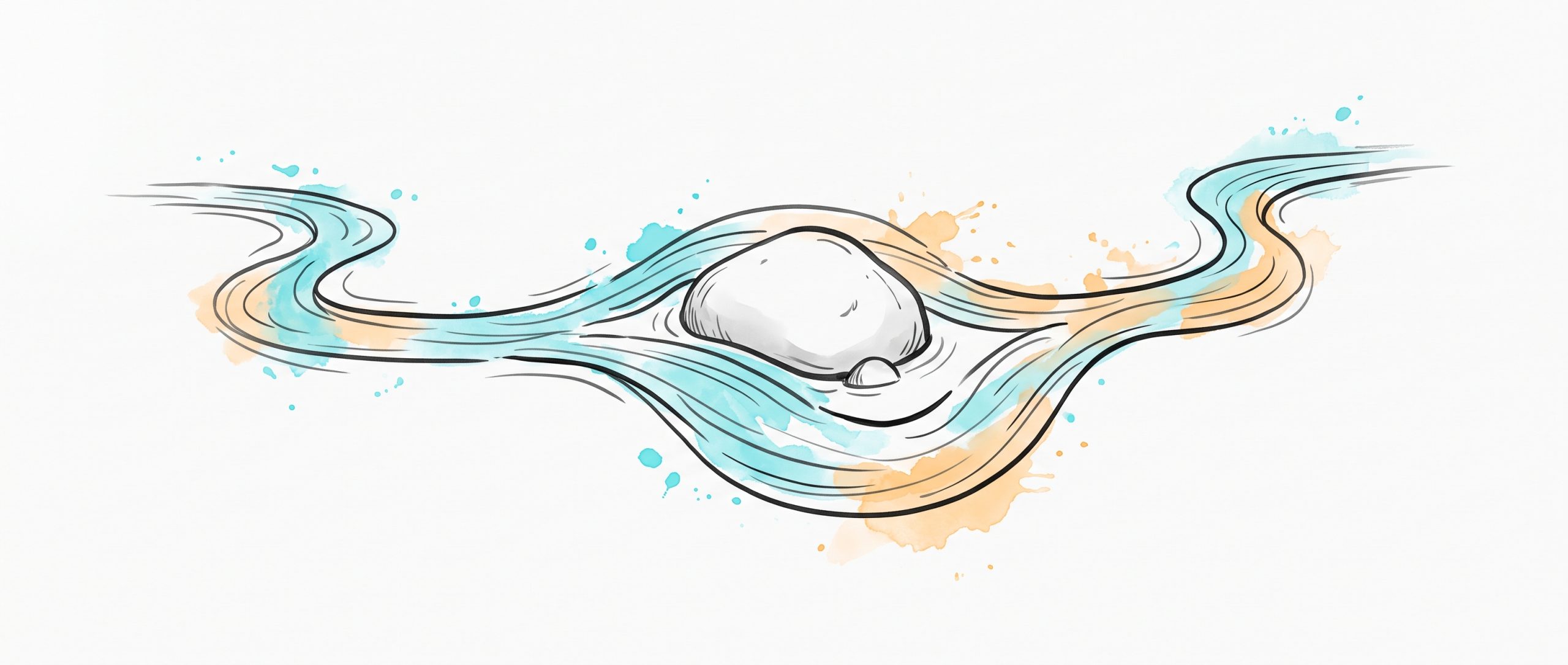 Hand-drawn ink illustration of a flowing stream meeting a rock and gracefully splitting to re-route around it before rejoining, with cyan and apricot watercolour splashes — a visual metaphor for adaptive thinking and cognitive flexibility.