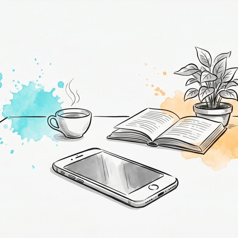 Hand-drawn ink illustration: a phone set aside and quiet on a table while a steaming cup of tea, an open book and a leafy potted plant return — the calm of life after a digital detox, with soft cyan and apricot watercolour