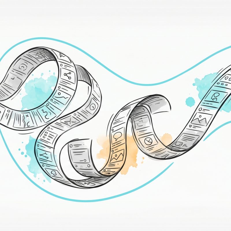 Hand-drawn ink illustration: a smartphone whose endless scrolling feed-ribbon flows across the frame and curls into a small calm pool, gently contained by a single cyan boundary line — setting a limit on the infinite scroll