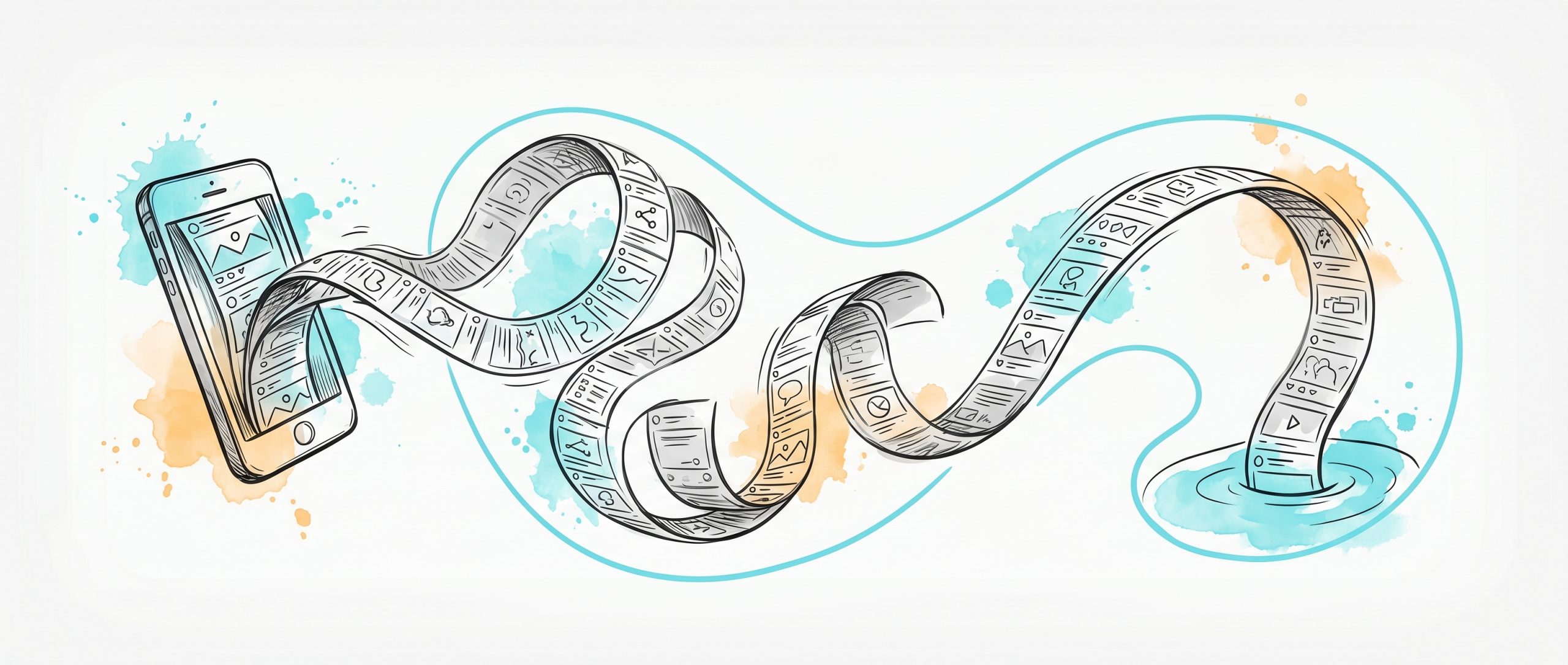 Hand-drawn ink illustration: a smartphone whose endless scrolling feed-ribbon flows across the frame and curls into a small calm pool, gently contained by a single cyan boundary line — setting a limit on the infinite scroll