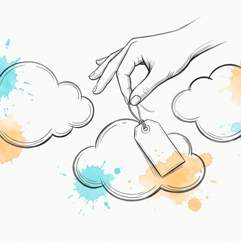 Hand-drawn ink illustration of a hand tying a small paper tag onto one of three soft cloud-like feeling shapes, which settles calmer once named — naming a feeling to ease it, with cyan and apricot watercolour splashes