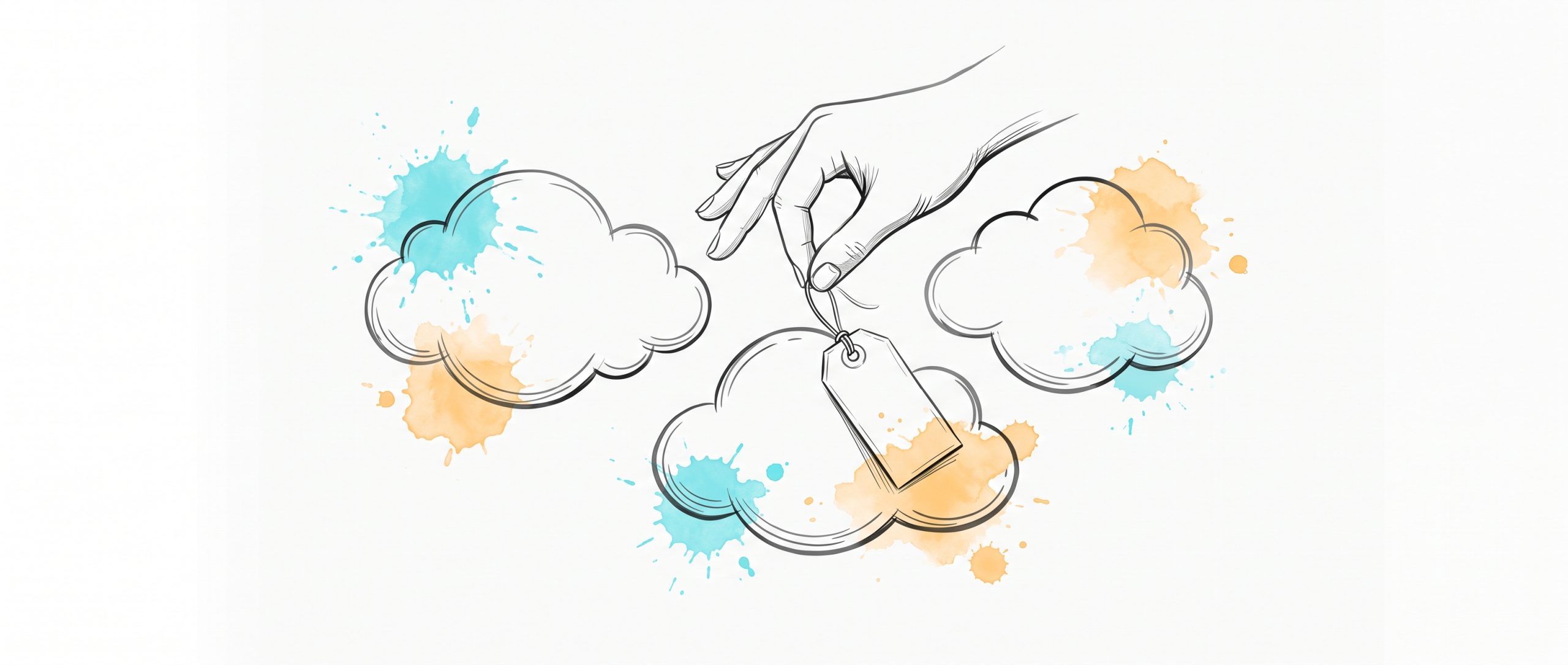 Hand-drawn ink illustration of a hand tying a small paper tag onto one of three soft cloud-like feeling shapes, which settles calmer once named — naming a feeling to ease it, with cyan and apricot watercolour splashes