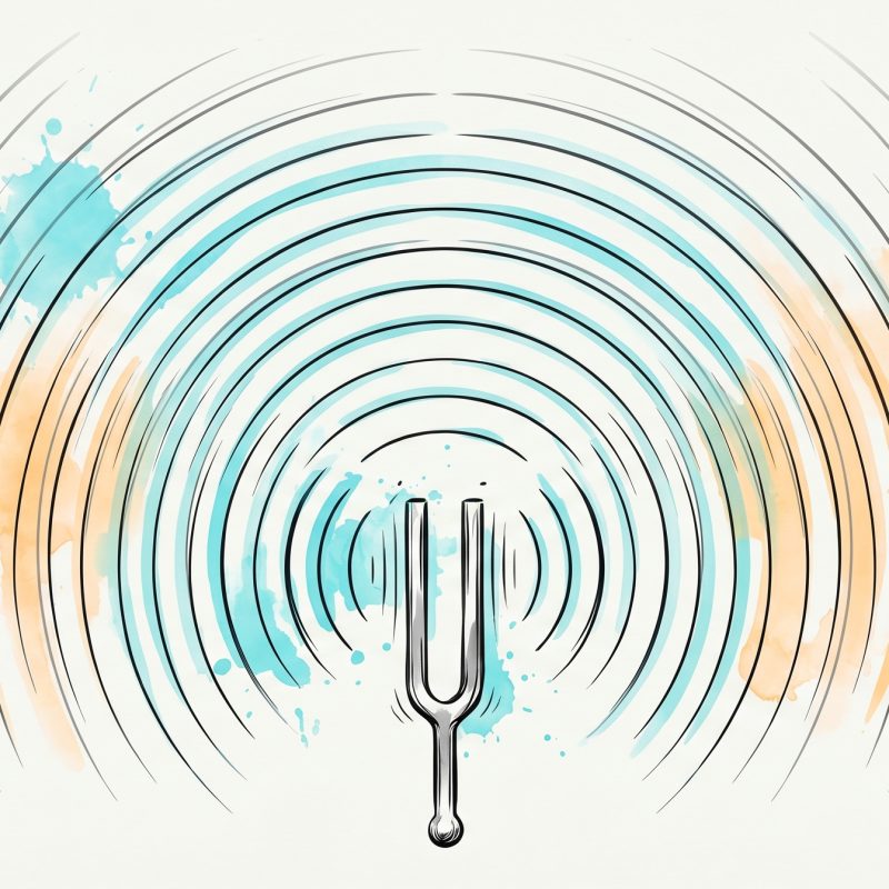 Hand-drawn ink illustration of a struck tuning fork sending resonant sound-wave arcs across the width, the central arcs reaching far and clear while the outer arcs fade short — one voice reaching unevenly across many languages, with cyan and apricot watercolour accents