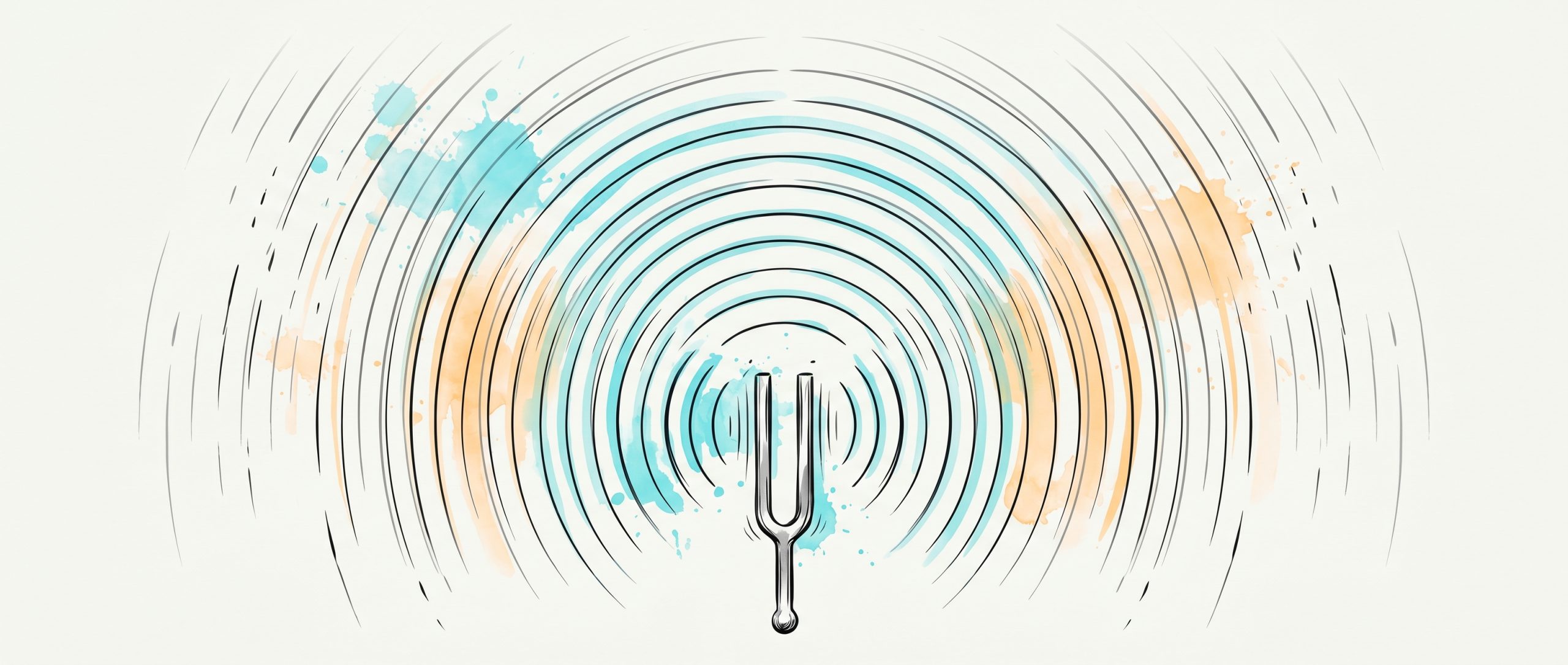Hand-drawn ink illustration of a struck tuning fork sending resonant sound-wave arcs across the width, the central arcs reaching far and clear while the outer arcs fade short — one voice reaching unevenly across many languages, with cyan and apricot watercolour accents