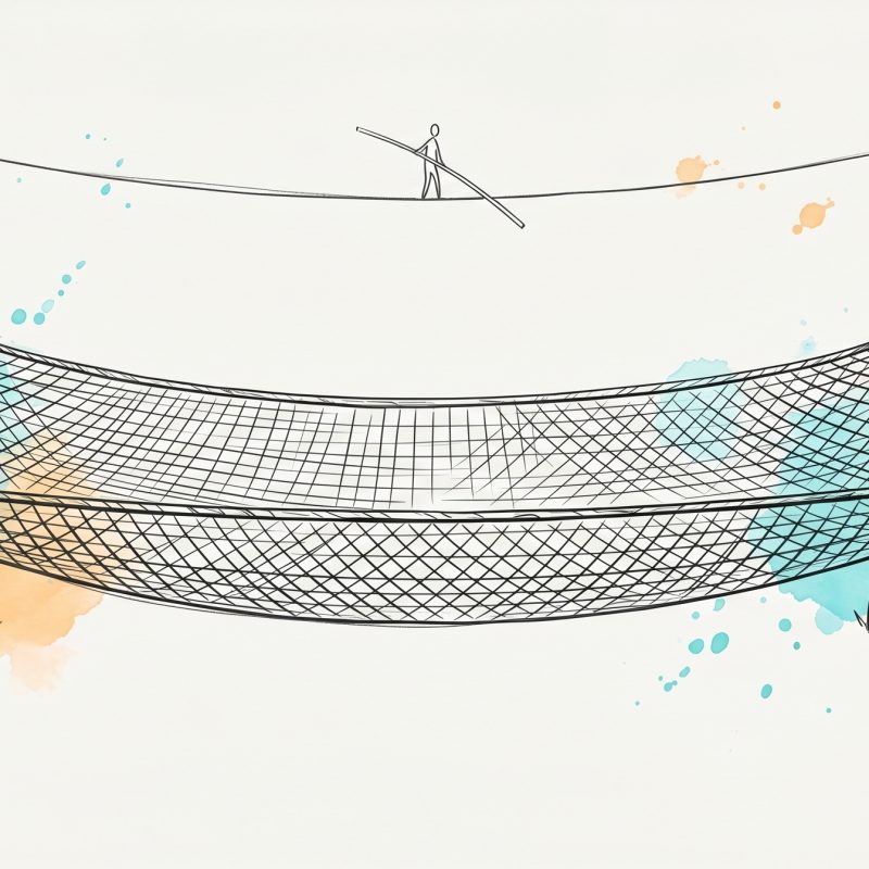 Hand-drawn ink illustration of a safety net strung between posts beneath a tightrope, with cyan and apricot watercolour splashes — a metaphor for psychological safety making it safe to take a risk