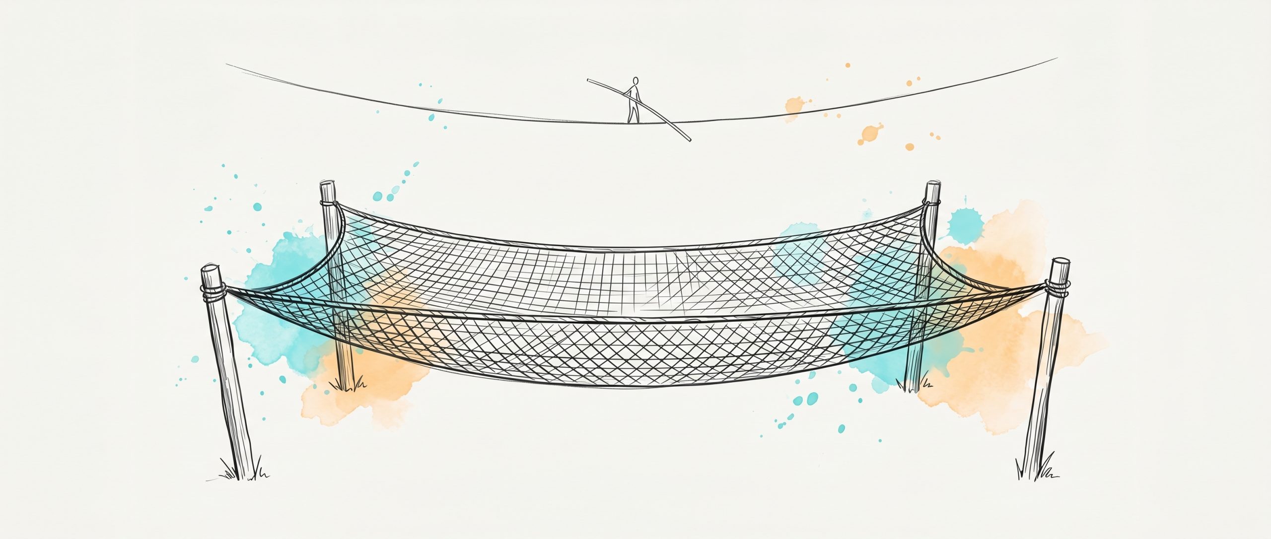 Hand-drawn ink illustration of a safety net strung between posts beneath a tightrope, with cyan and apricot watercolour splashes — a metaphor for psychological safety making it safe to take a risk