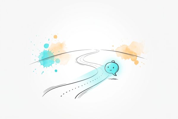 A small glowing cyan speech-bubble companion lighting the way along a winding dotted path toward an open horizon, hand-drawn ink and watercolour illustration