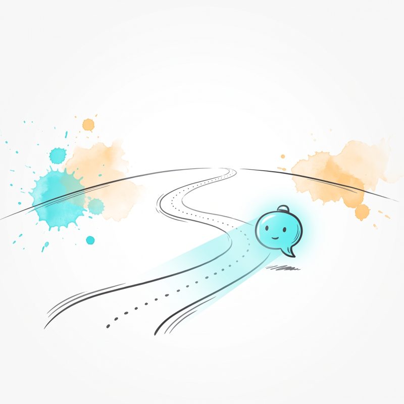 A small glowing cyan speech-bubble companion lighting the way along a winding dotted path toward an open horizon, hand-drawn ink and watercolour illustration