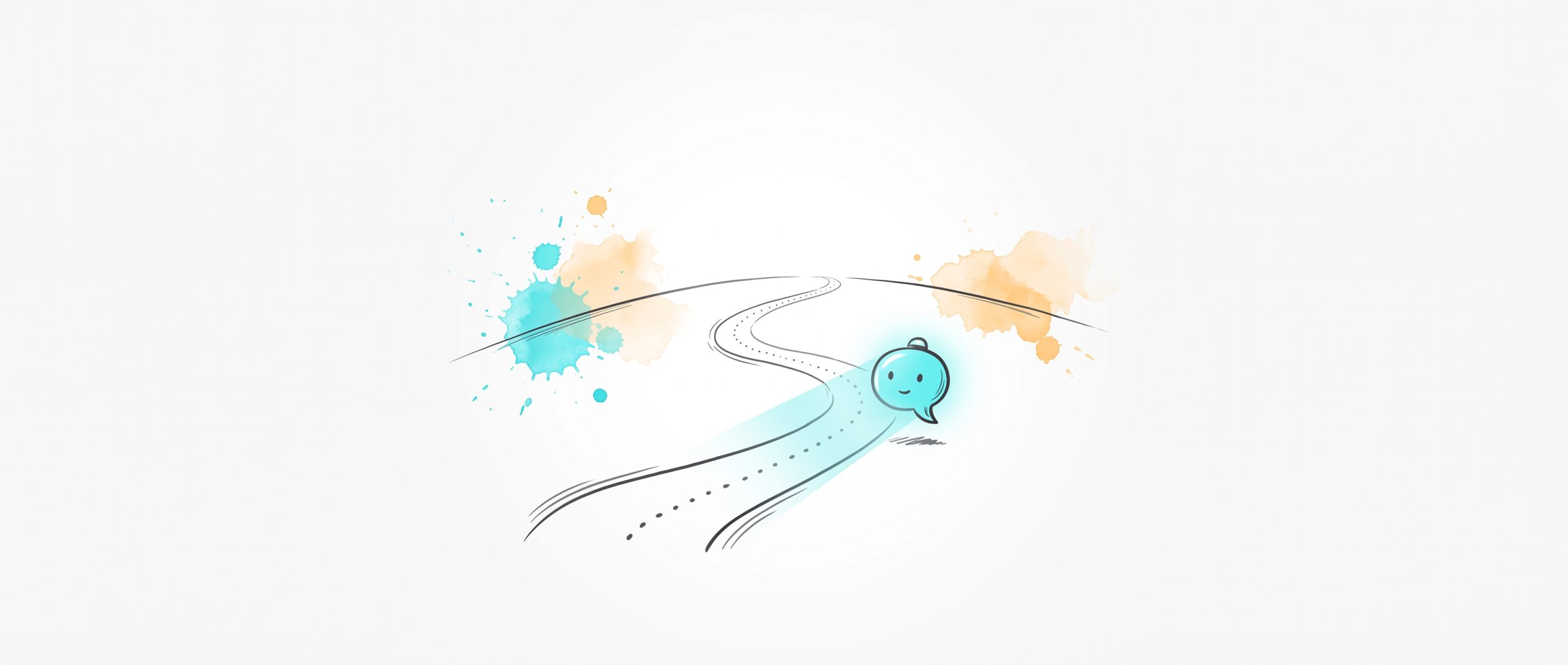 A small glowing cyan speech-bubble companion lighting the way along a winding dotted path toward an open horizon, hand-drawn ink and watercolour illustration