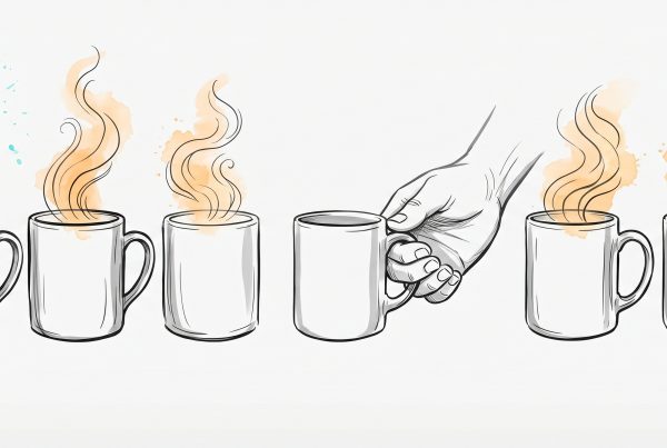 A row of mugs of tea, most with warm rising steam, while a caring hand gently checks the one mug that has quietly gone cold — noticing the team member who is quietly running low